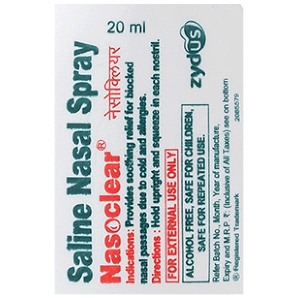 Nasoclear Saline Nasal Spray | Provides Relief From Nasal Congestion Due To Cold & Allergies| Suitable for Children Upto 10 Years bottle of 20 ml Nasal Spray Nasoclear Saline Nasal Spray | Provides Relief From Nasal Congestion Due To Cold & Allergies| Suitable for Children Upto 10 Years bottle of 20 ml Nasal Spray