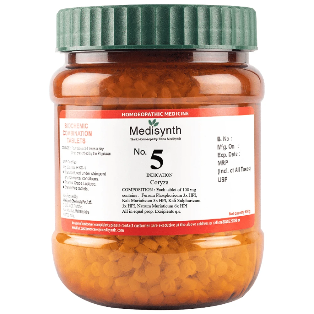 Medisynth Bio-chemic Combination No.5 Coryza bottle of 450 gm Biocombination Tablet Medisynth Bio-chemic Combination No.5 Coryza bottle of 450 gm Biocombination Tablet