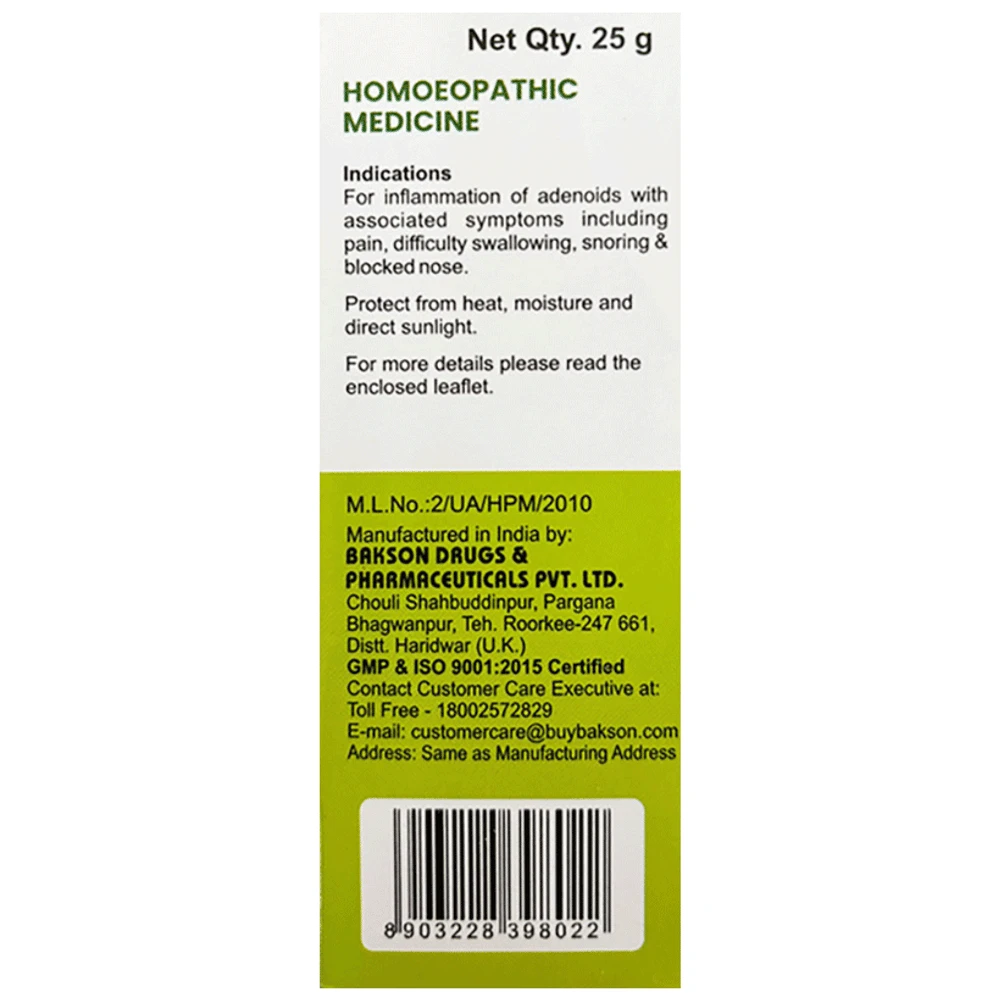 Dr Bakshi's Bakson's Homeopathy Medicated Globules for Adenoiditis bottle of 25 gm Globules