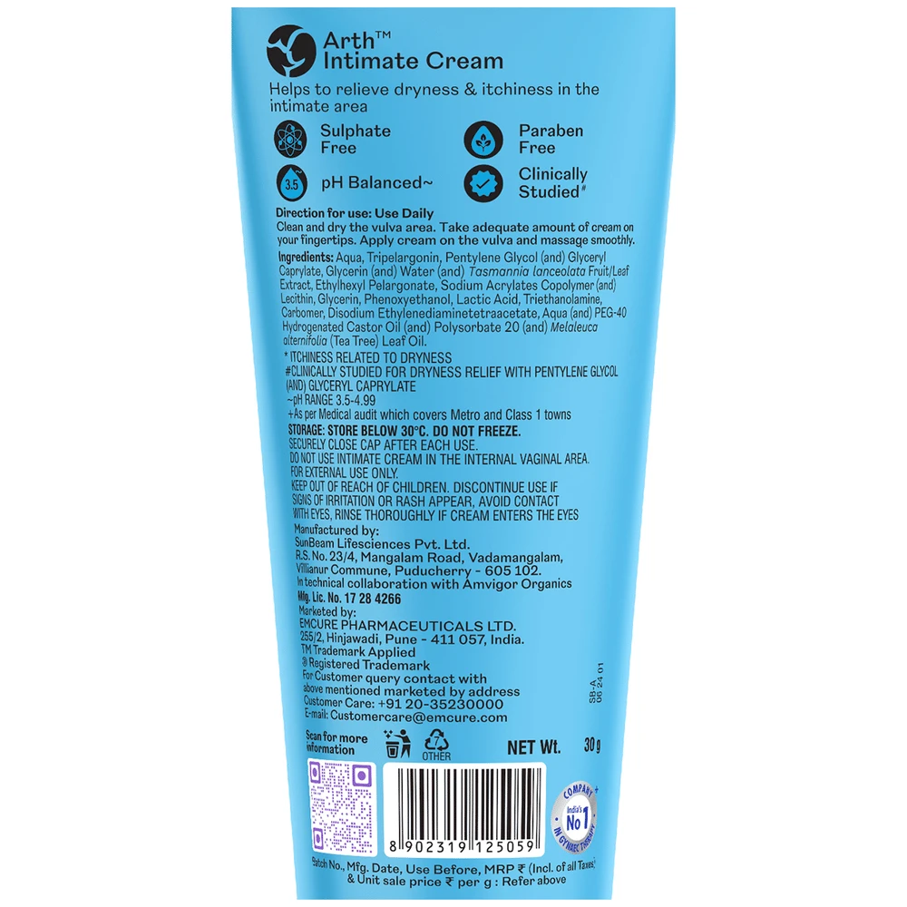Arth Intimate Cream | Maintains Ideal Vaginal Balance pH3.5 | Reduces Itchiness & Dryness tube of 30 gm Cream