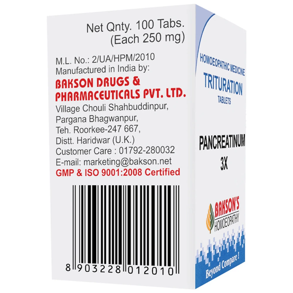 Bakson's Homeopathy Pancreatinum Trituration Tablet 3X bottle of 100 trituration tablets