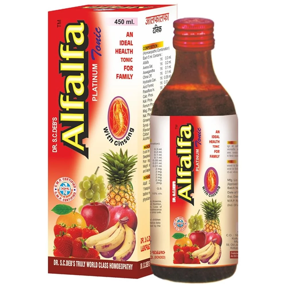 Dr. S.C.Deb's Alfalfa Platinum Tonic bottle of 450 ml Tonic