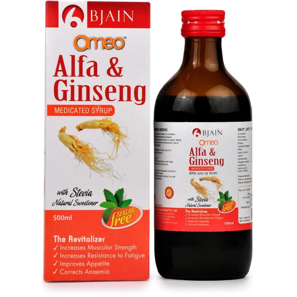 B Jain Omeo Alfa & Ginseng Syrup (Sugar Free) (500ml) B Jain Omeo Alfa & Ginseng Syrup (Sugar Free) (500ml)