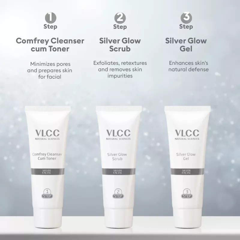 VLCC Silver Facial Kit (Toner 10g + Scrub 10g + Gel 10g + Cream 10g + Pack 10g + Moisturising Gel 10g) (60g)