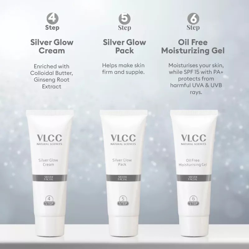 VLCC Silver Facial Kit (Toner 10g + Scrub 10g + Gel 10g + Cream 10g + Pack 10g + Moisturising Gel 10g) (60g)