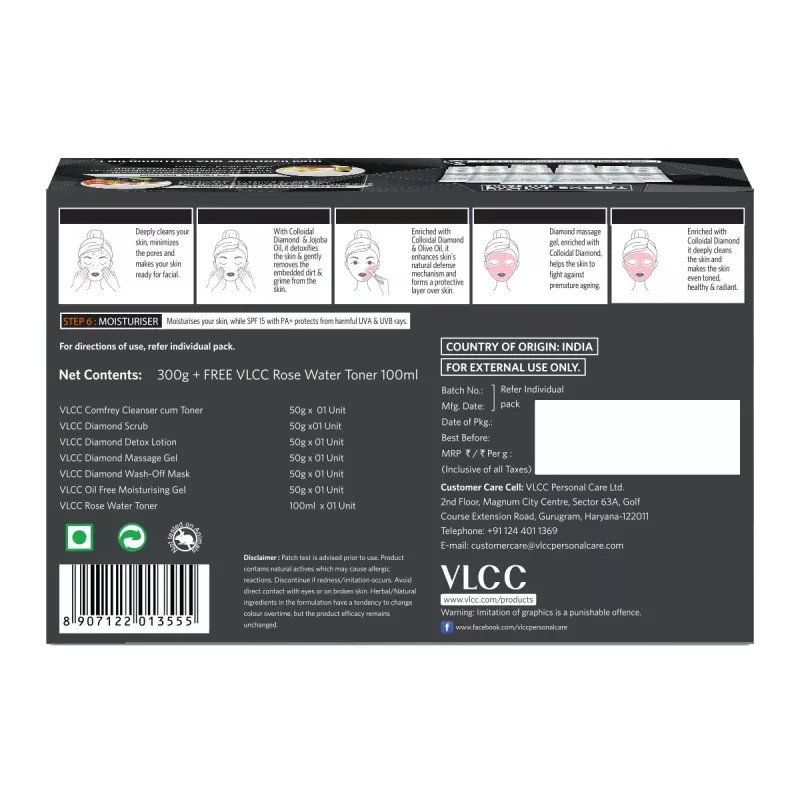 VLCC Diamond Facial Kit + Free Rose Water Toner (100ml) (Toner 50g + Scrub 50g + Gel 50g + Cream 50g + Mask 50g + Moisturizing Gel 50g) (1Pack)