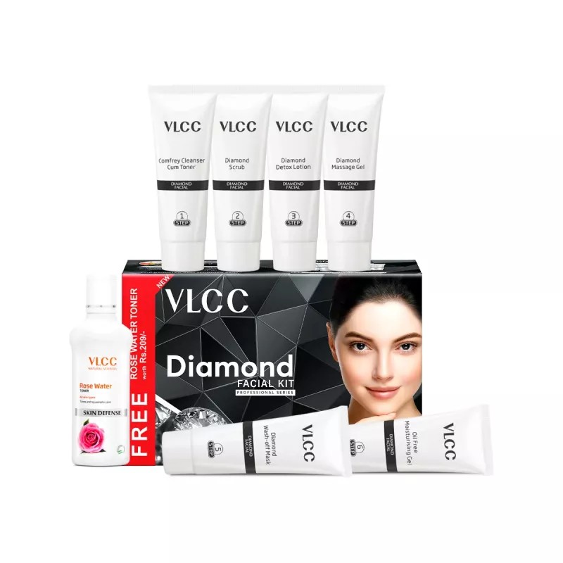 VLCC Diamond Facial Kit + Free Rose Water Toner (100ml) (Toner 50g + Scrub 50g + Gel 50g + Cream 50g + Mask 50g + Moisturizing Gel 50g) (1Pack)
