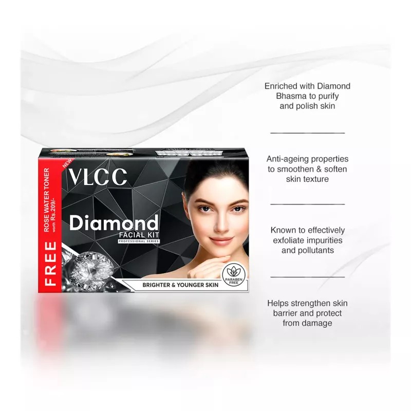 VLCC Diamond Facial Kit + Free Rose Water Toner (100ml) (Toner 50g + Scrub 50g + Gel 50g + Cream 50g + Mask 50g + Moisturizing Gel 50g) (1Pack)