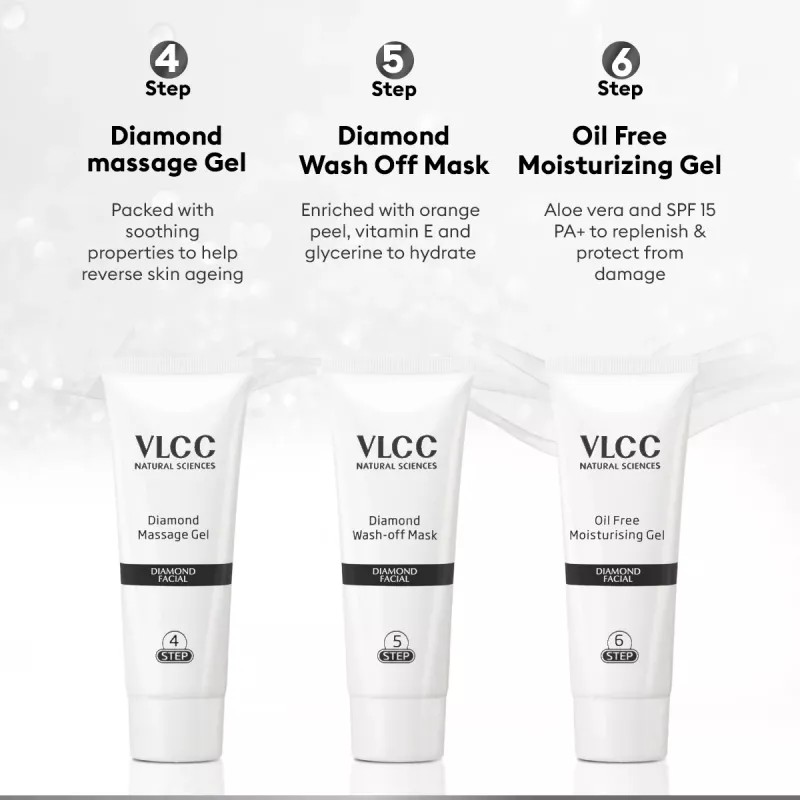 VLCC Diamond Facial Kit + Free Rose Water Toner (100ml) (Toner 50g + Scrub 50g + Gel 50g + Cream 50g + Mask 50g + Moisturizing Gel 50g) (1Pack)