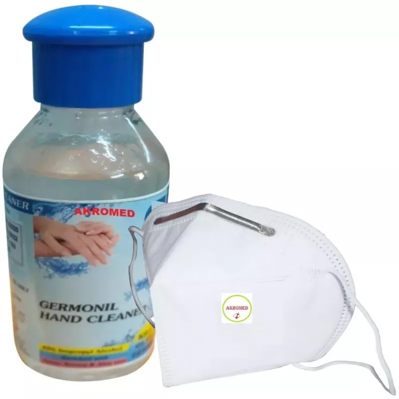 Akromed Hand Sanitizer Gel And AN95 Face Mask With Nose Pin 5 layer With Cotton Cloth Reusable (Sanitizer 120ml + 1 Mask) (1Pack)