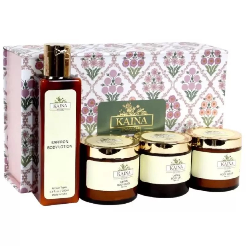 Kaina Skincare Ubtan Body Polishing Kit Set Of 4 (Scrub 100g + Gel 100g + Mask 100g + Body Lotion 200ml) (1Pack)
