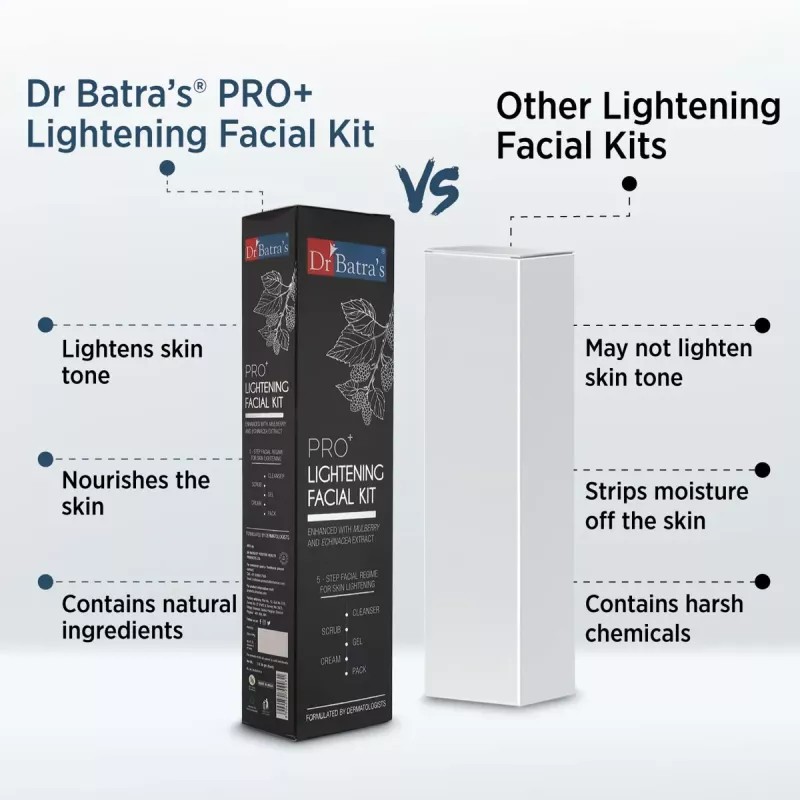 Dr Batras Pro Plus Lightening Facial Kit (Facial Pack 50g + Scrub 50g + Cleanser 50g + Gel 50g + Massage Cream 50g) (1Pack)