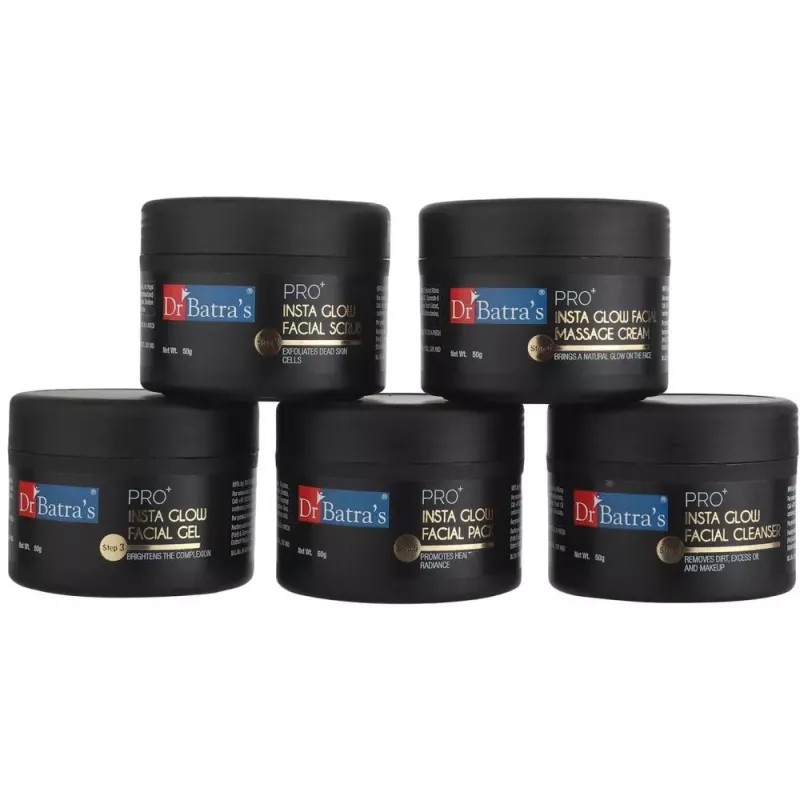 Dr Batras Pro Plus Insta Glow Facial Kit (Facial Pack 50g + Scrub 50g + Cleanser 50g + Gel 50g + Massage Cream 50g) (1Pack)