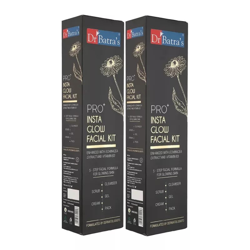 Dr Batras Pro Plus Insta Glow Facial Kit (Facial Pack 50g + Scrub 50g + Cleanser 50g + Gel 50g + Massage Cream 50g) (1Pack, Pack of 2)