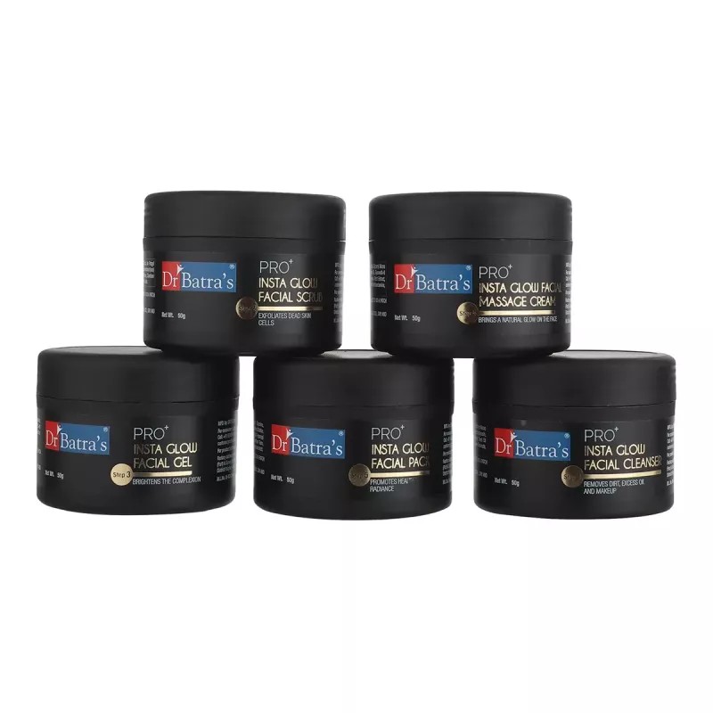 Dr Batras Pro Plus Insta Glow Facial Kit (Facial Pack 50g + Scrub 50g + Cleanser 50g + Gel 50g + Massage Cream 50g) (1Pack, Pack of 2)