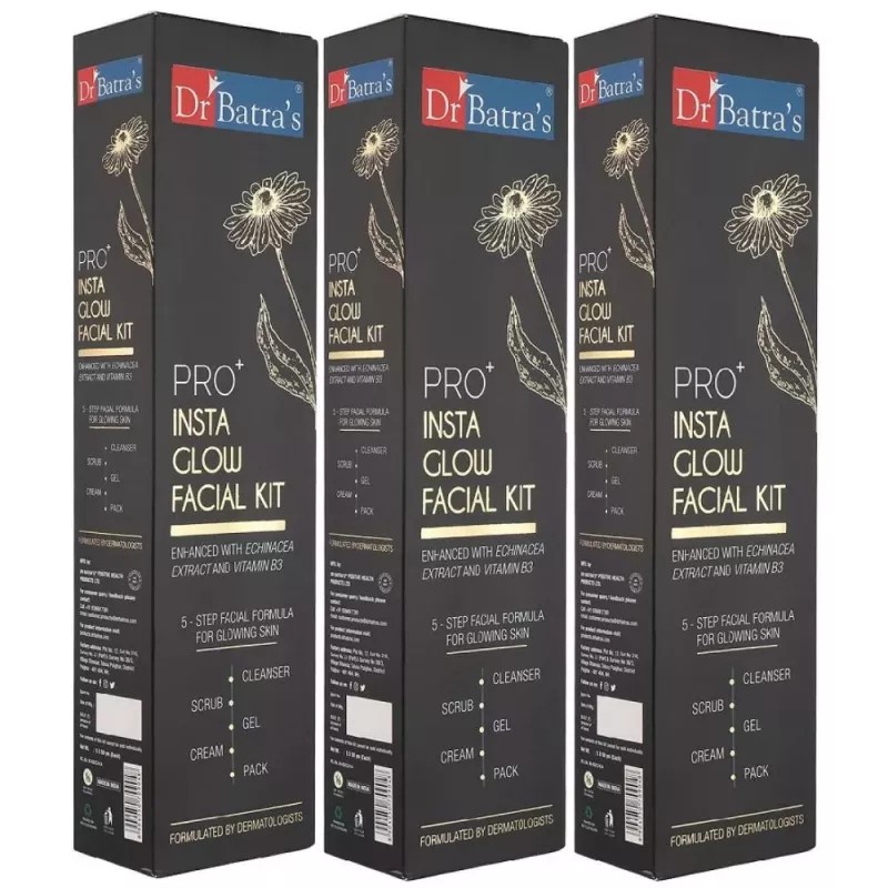 Dr Batras Pro Plus Insta Glow Facial Kit (Facial Pack 50g + Scrub 50g + Cleanser 50g + Gel 50g + Massage Cream 50g) (1Pack, Pack of 3)