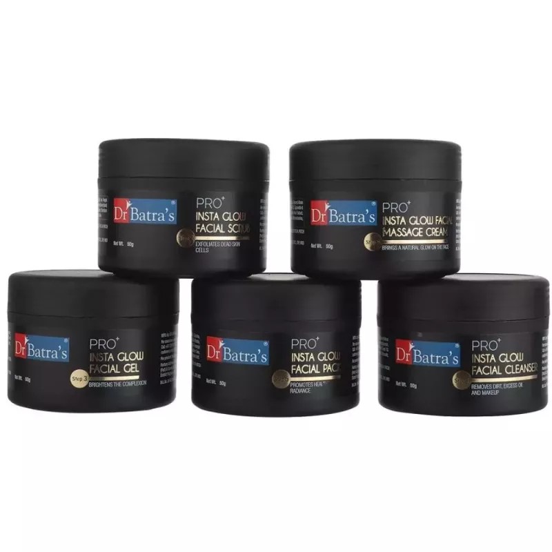 Dr Batras Pro Plus Insta Glow Facial Kit (Facial Pack 50g + Scrub 50g + Cleanser 50g + Gel 50g + Massage Cream 50g) (1Pack, Pack of 3)