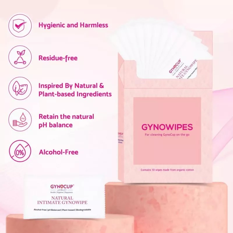 Gynocup Female Intimate Wash, Intimate Gyno Wipes & Menstrual Cup (Medium) Combo (Intimate Wash 100ml + Wipes (20cm x 15cm) 10 Pcs + 1 Cup) (1Pack)