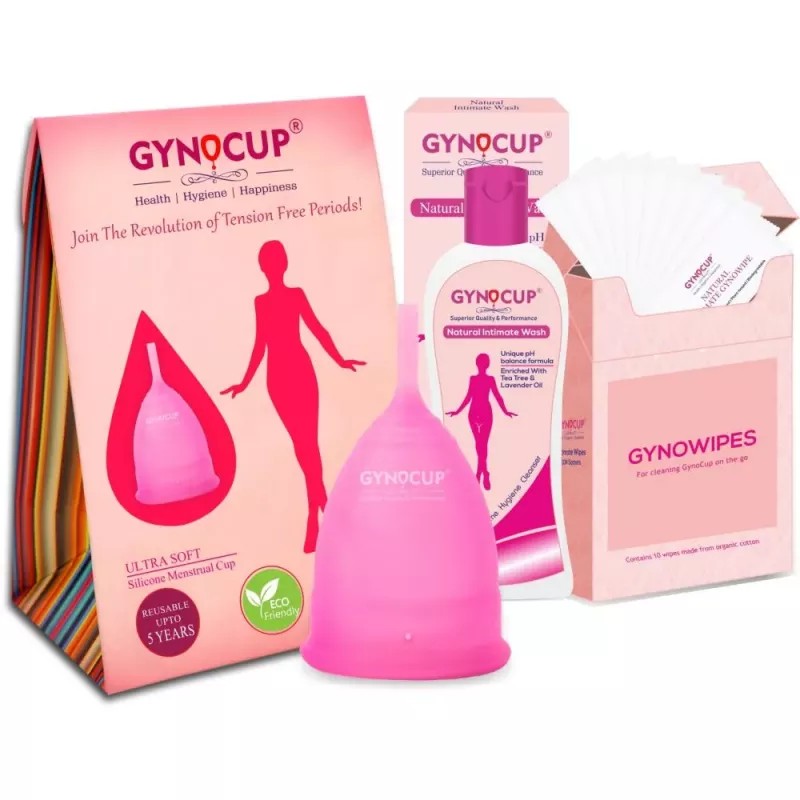 Gynocup Female Intimate Wash, Intimate Gyno Wipes & Menstrual Cup (Small) Combo (Intimate Wash 100ml + Wipes (20cm x 15cm) 10 Pcs + 1 Cup) (1Pack)