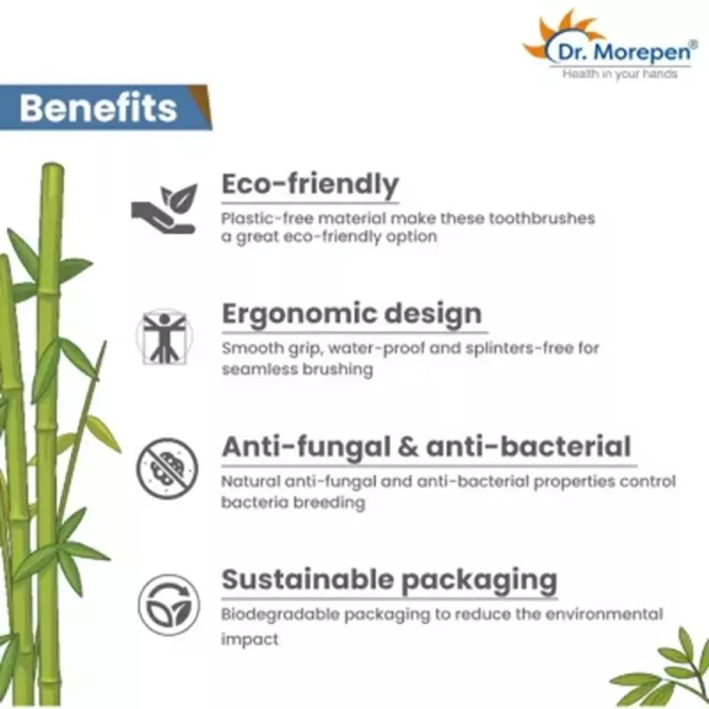 Dr Morepen Organic Bamboo Toothbrush For Adults (3 Toothbrush Blue, Brown & Charcoal) (1Pack)