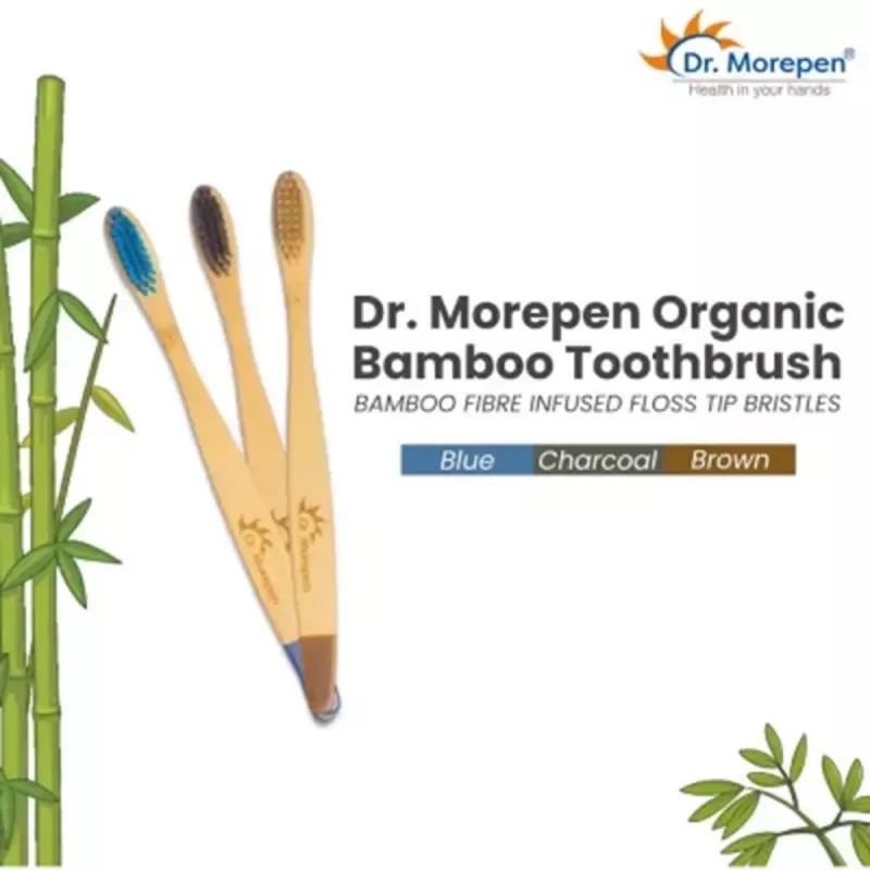 Dr Morepen Organic Bamboo Toothbrush For Adults (3 Toothbrush Blue, Brown & Charcoal) (1Pack)