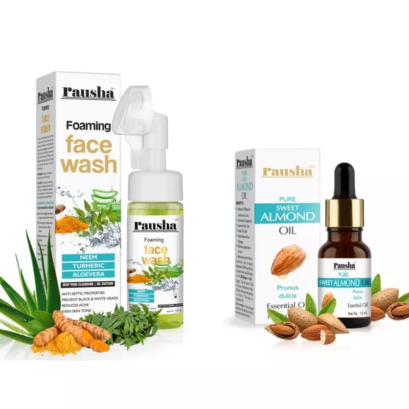 Rausha Foaming Neem Face Wash + Pure Sweet Almond Oil (Facewash 150ml + Oil 15ml) (1Pack)