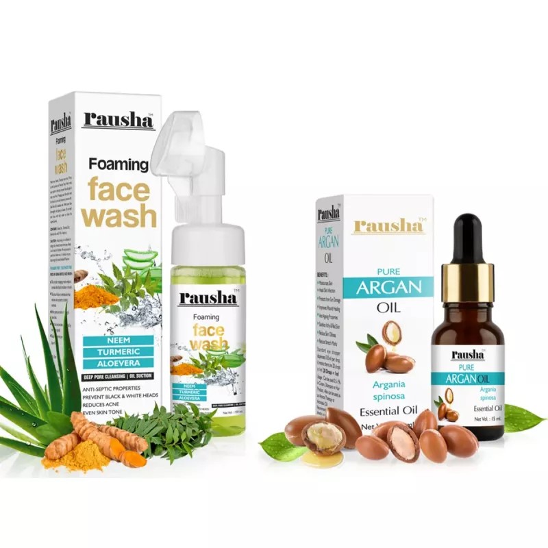 Rausha Foaming Neem Face Wash + Pure Argan Oil (Facewash 150ml + Oil 15ml) (1Pack)