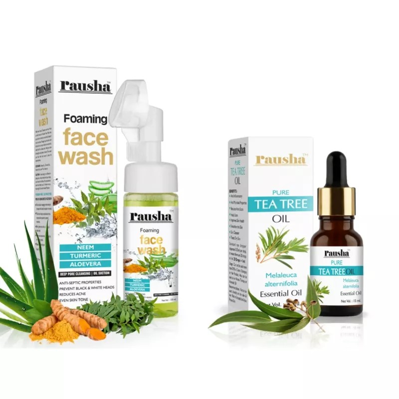 Rausha Foaming Neem Face Wash + Pure Tea Tree Oil (Facewash 150ml + Oil 15ml) (1Pack)