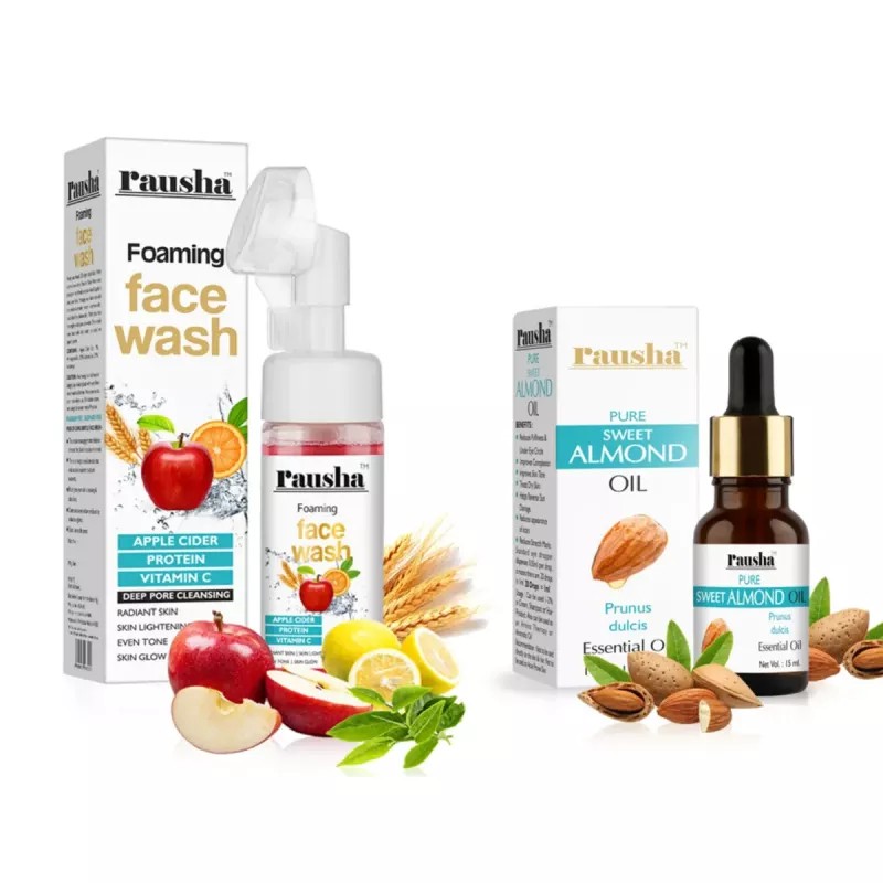 Rausha Foaming Apple Cider Face Wash + Pure Sweet Almond Oil (Face Wash 150ml + Oil 15ml) (1Pack)