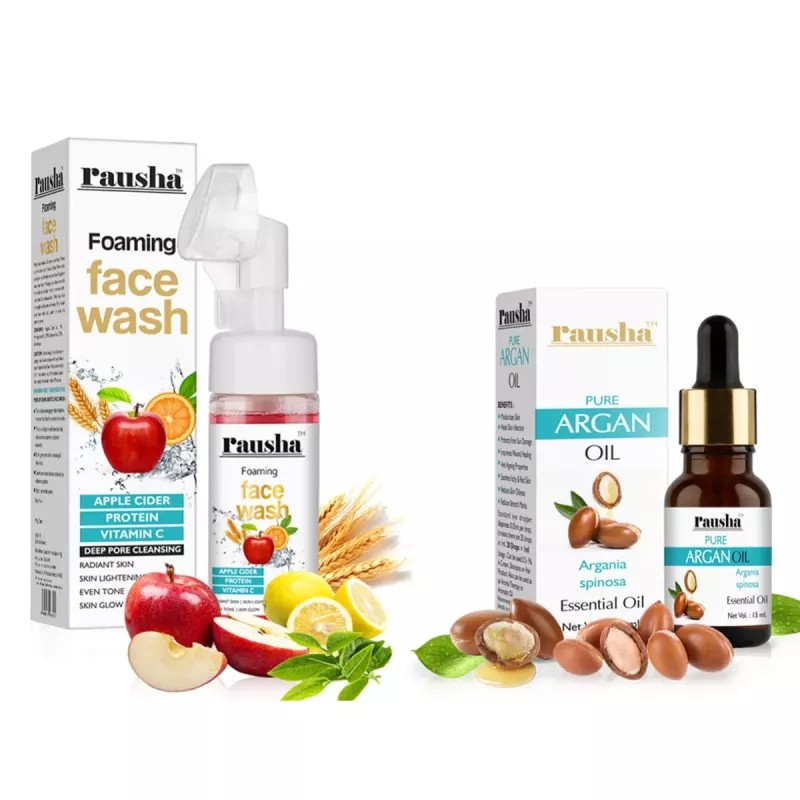 Rausha Foaming Apple Cider Face Wash + Pure Argan Oil (Face Wash 150ml + Oil 15ml) (1Pack)