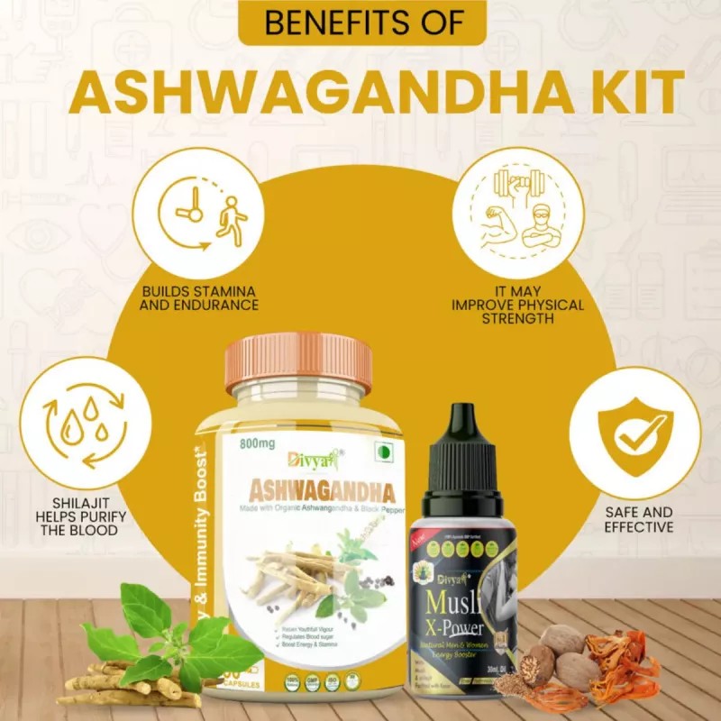 Divya Shree Ashwagandha Capsule + Musli X-Power Oil (Caps 60 + 30ml) (1Pack)