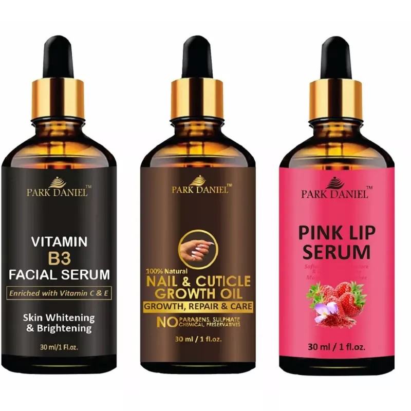 Park Daniel Vitamin B3 Facial Serum + 100% Natural Nail & Cuticle Growth Oil + Pink Lip Serum Combo (30ml Each) (1Pack)