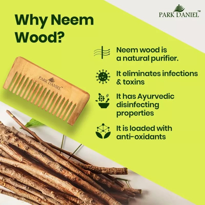 Park Daniel Natural & Ecofriendly Handmade Medium Detangler Neem Wooden Comb (1pcs)