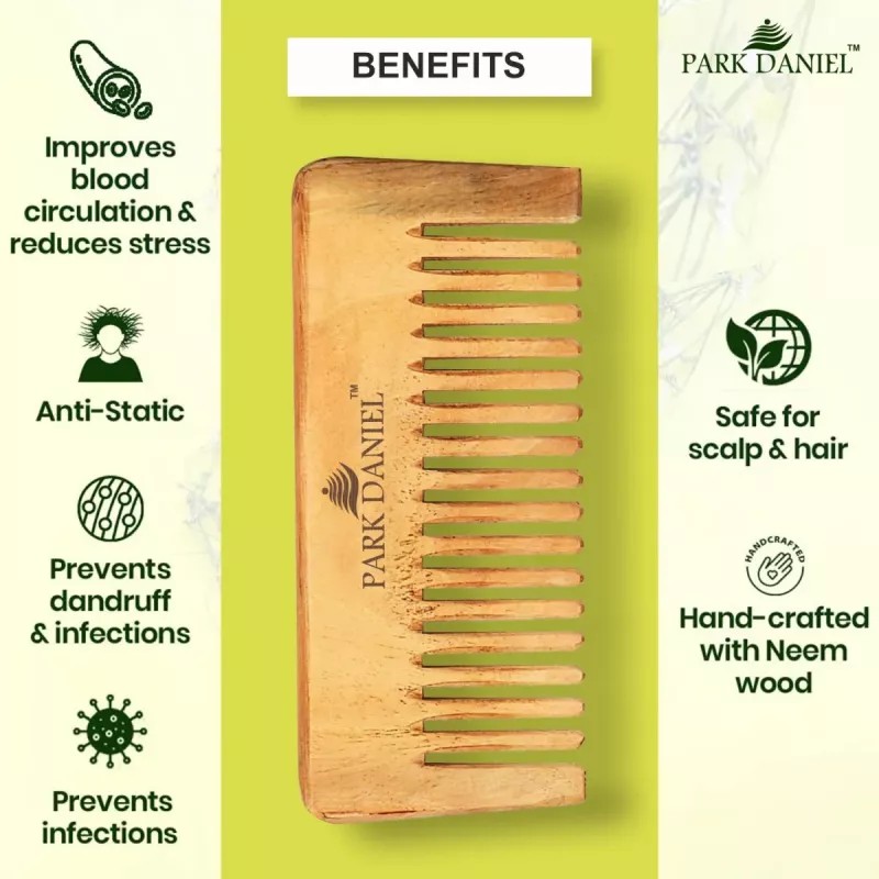Park Daniel Natural & Ecofriendly Handmade Medium Detangler Neem Wooden Comb (1pcs)