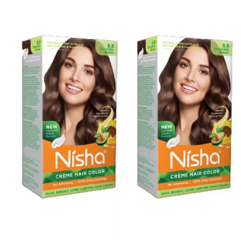 Nisha Creme Hair Color 3.5 Chocolate Brown (Developer 60ml + Colorant Tube 60gm + Conditioner 6ml + Glove) (1Pack, Pack of 2)