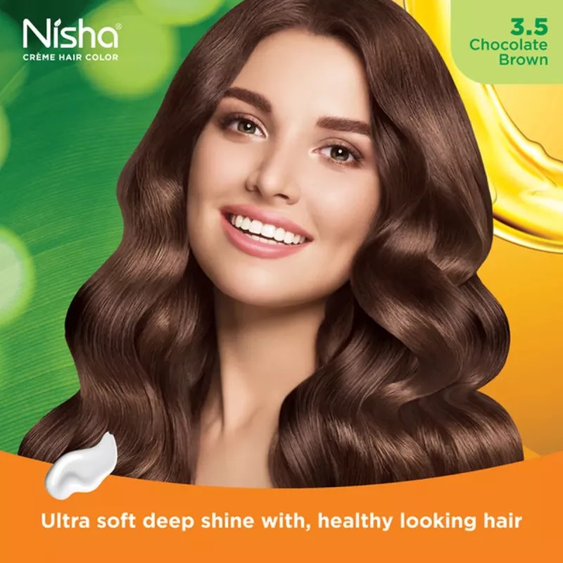 Nisha Creme Hair Color 3.5 Chocolate Brown (Developer 60ml + Colorant Tube 60gm + Conditioner 6ml + Glove) (1Pack, Pack of 2)