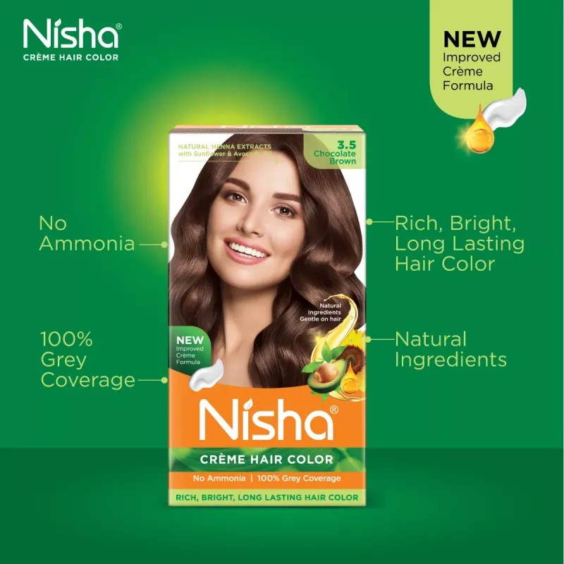 Nisha Creme Hair Color 3.5 Chocolate Brown (Developer 60ml + Colorant Tube 60gm + Conditioner 6ml + Glove) (1Pack, Pack of 2)
