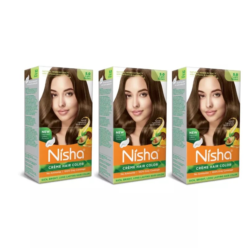 Nisha Creme Hair Color 5.0 Light Brown (Developer 60ml + Colorant Tube 60gm + Conditioner 6ml + Glove) (1Pack, Pack of 3)