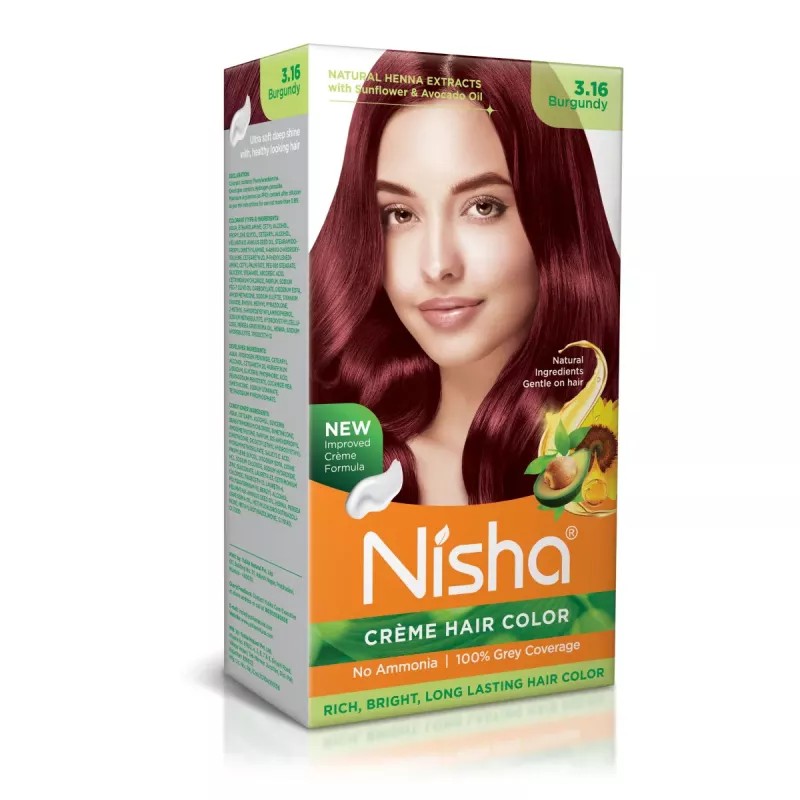 Nisha Creme Hair Color 3.16 Burgundy (Developer 60ml + Colorant Tube 60gm + Conditioner 6ml + Glove) (1Pack)
