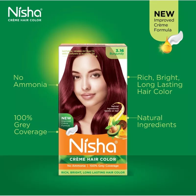 Nisha Creme Hair Color 3.16 Burgundy (Developer 60ml + Colorant Tube 60gm + Conditioner 6ml + Glove) (1Pack)