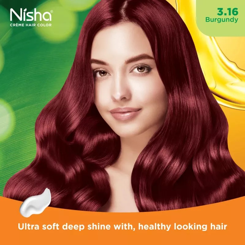 Nisha Creme Hair Color 3.16 Burgundy (Developer 60ml + Colorant Tube 60gm + Conditioner 6ml + Glove) (1Pack, Pack of 2)
