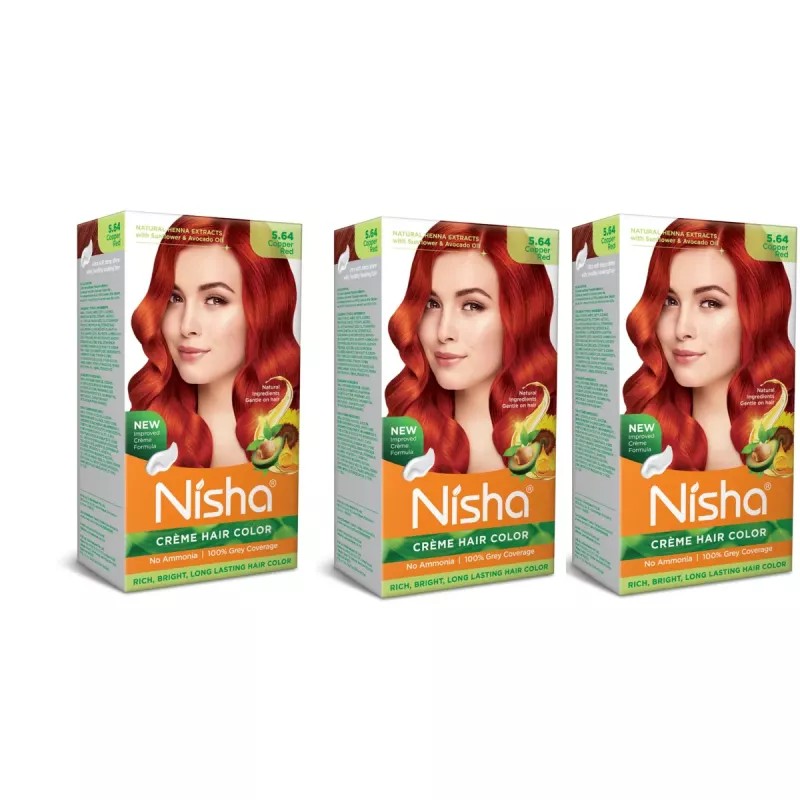Nisha Creme Hair Color 5.64 Copper Red (Developer 60ml + Colorant Tube 60gm + Conditioner 6ml + Glove) (1Pack, Pack of 3)