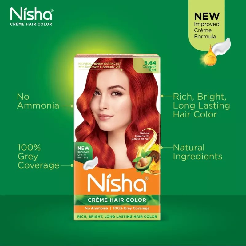 Nisha Creme Hair Color 5.64 Copper Red (Developer 60ml + Colorant Tube 60gm + Conditioner 6ml + Glove) (1Pack, Pack of 3)