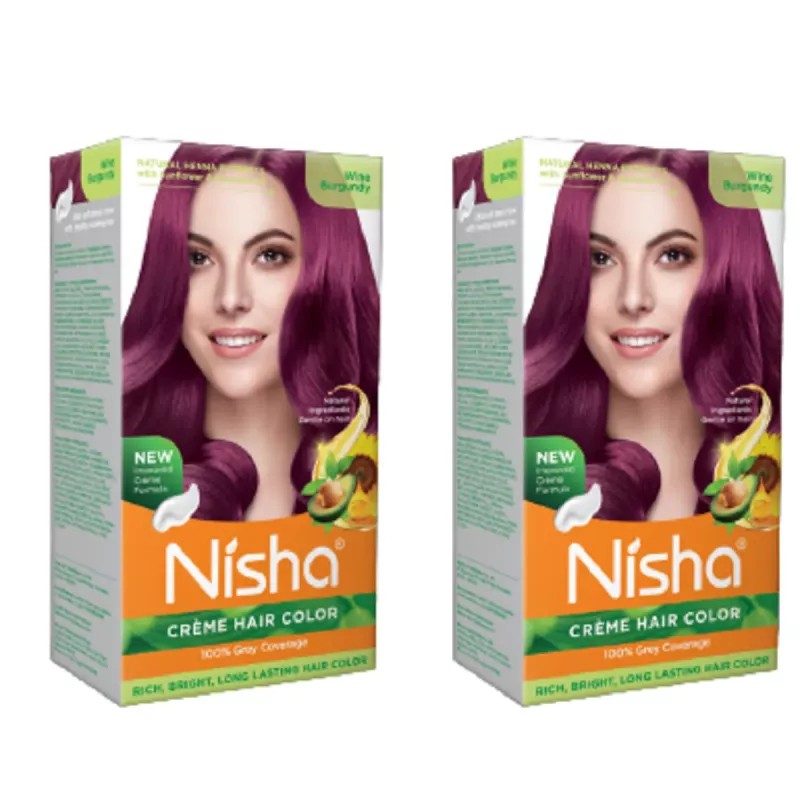 Nisha Creme Hair Color Wine Burgundy (Developer 60ml + Colorant Tube 60gm + Conditioner 6ml + Glove) (1Pack, Pack of 2)