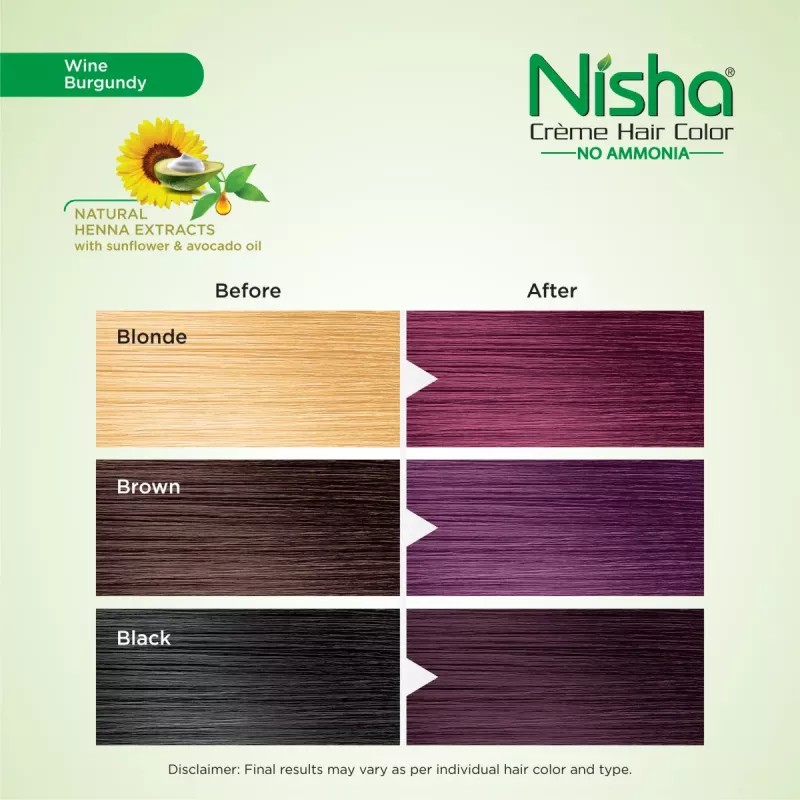 Nisha Creme Hair Color Wine Burgundy (Developer 60ml + Colorant Tube 60gm + Conditioner 6ml + Glove) (1Pack, Pack of 2)