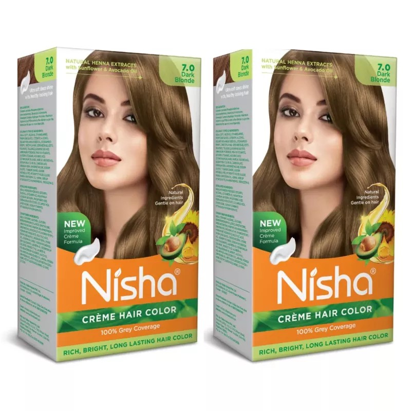 Nisha Creme Hair Color 7.0 Dark Blonde (Developer 60ml + Colorant Tube 60gm + Conditioner 6ml + Glove) (1Pack, Pack of 2)
