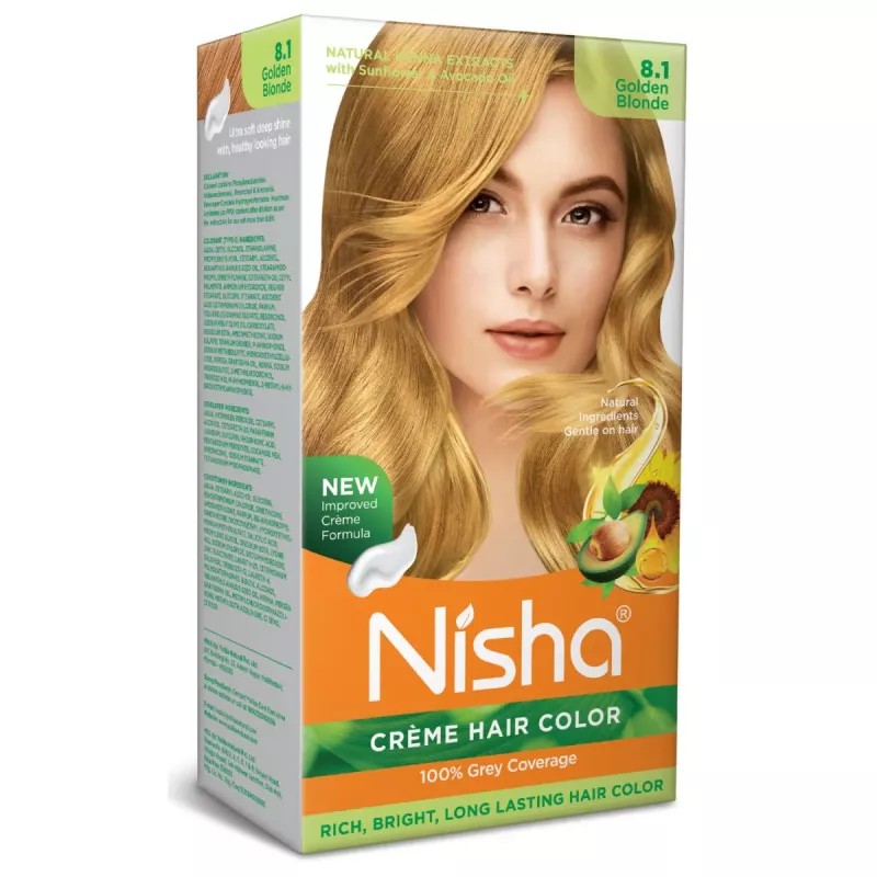 Nisha Creme Hair Color 8.1 Golden Blonde (Developer 60ml + Colorant Tube 60gm + Conditioner 6ml + Glove) (1Pack)