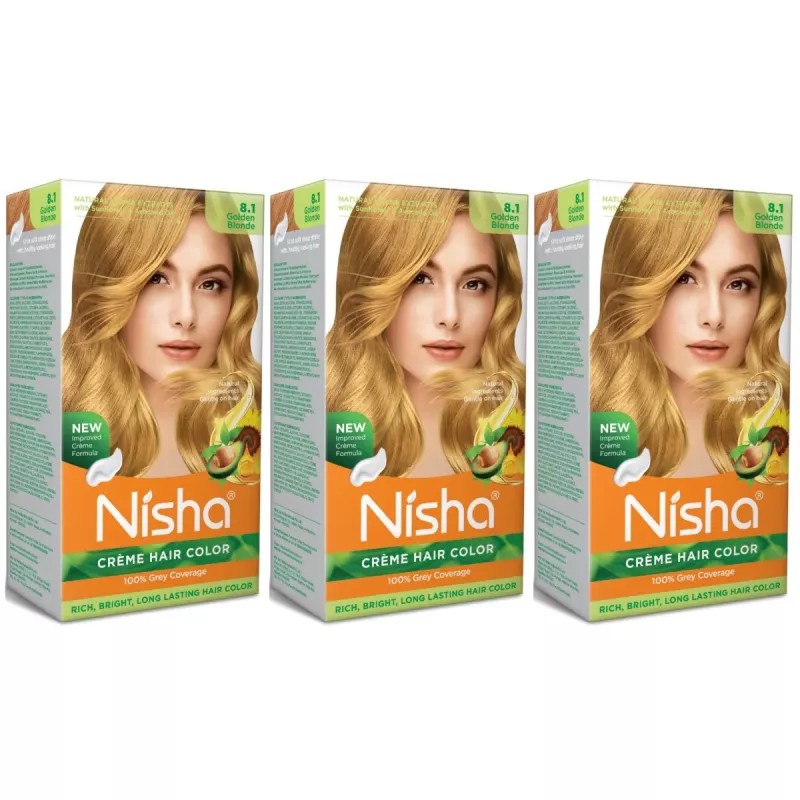 Nisha Creme Hair Color 8.1 Golden Blonde (Developer 60ml + Colorant Tube 60gm + Conditioner 6ml + Glove) (1Pack, Pack of 3)