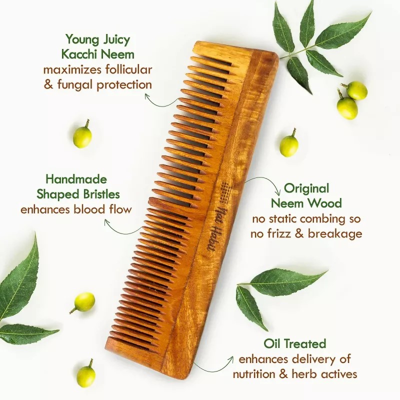 Nat Habit Oil Treated Kacchi Neem Comb - Fine + Dual Combo (2units)
