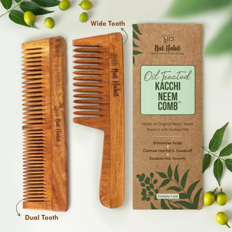 Nat Habit Oil Treated Kacchi Neem Wide + Dual Comb Combo (2units)
